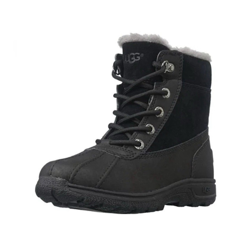 UGG Kids Leggero Lace-Up Snow Rain Boot Sz-12 Black & Grey Zip Up‎ Fur Lined